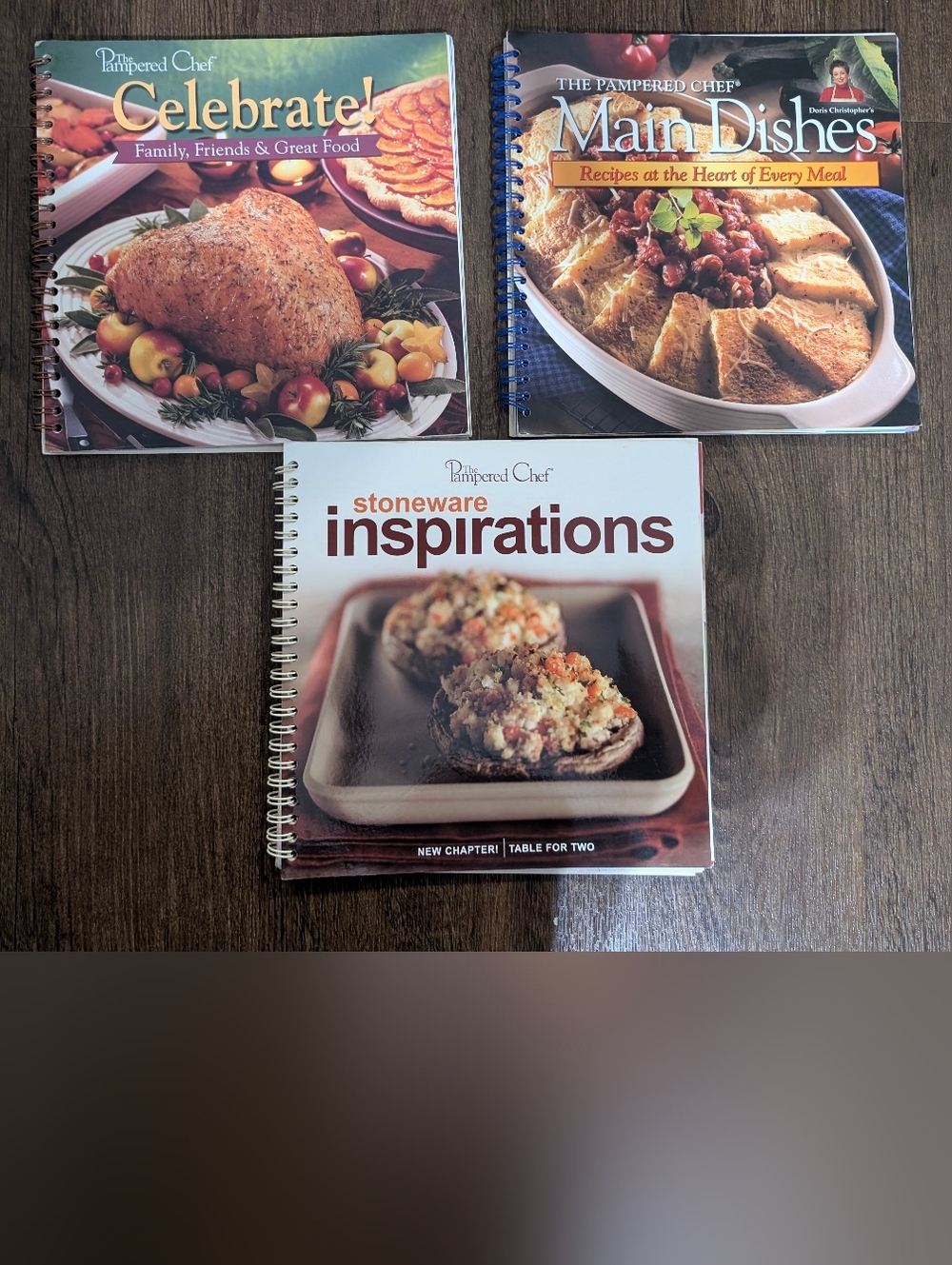 3 Pampered Chef Cookbooks Spiral, Celebrate! & Main Dishes & Stoneware Inspirati